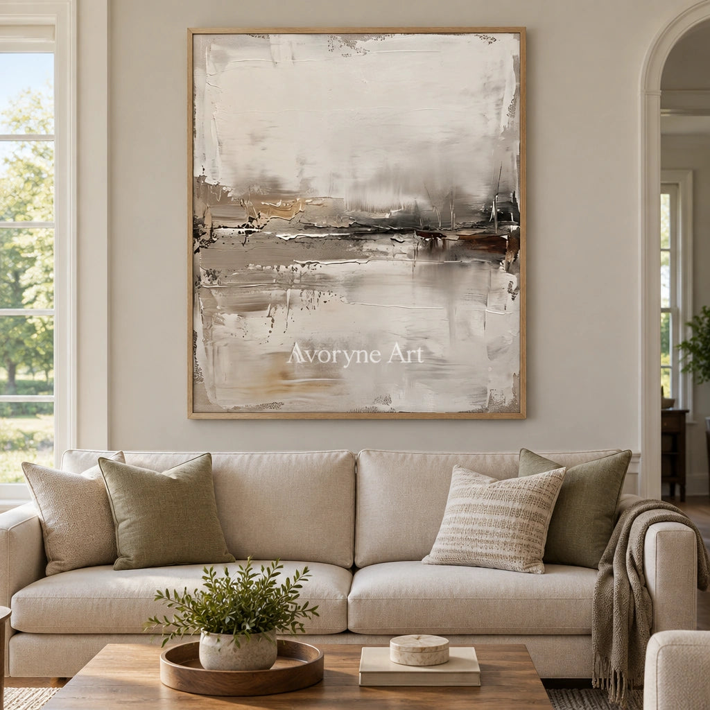 Bright Trace waterside landscape wall art with a wood frame in a villa living space