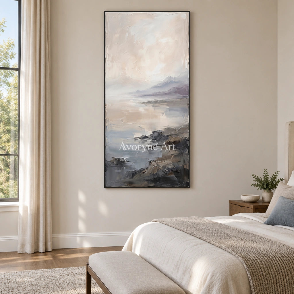 Winding Vista waterside landscape wall art with a black frame above a bed in a bedroom