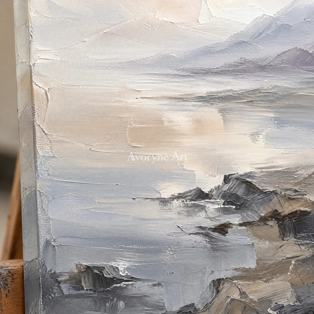 Close-up of the hand-painted texture of Winding Vista waterside landscape wall art on an easel