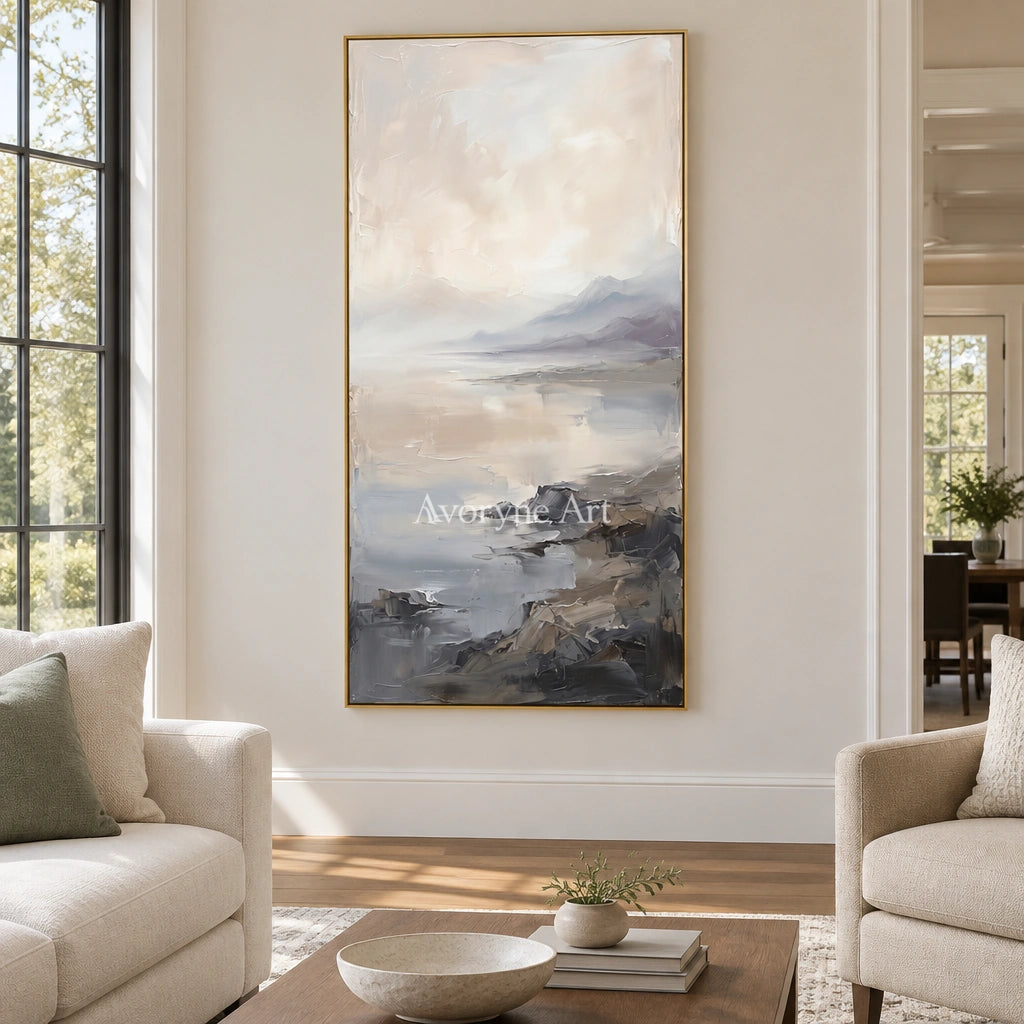 Winding Vista waterside landscape wall art with a gold frame hanging in a living room