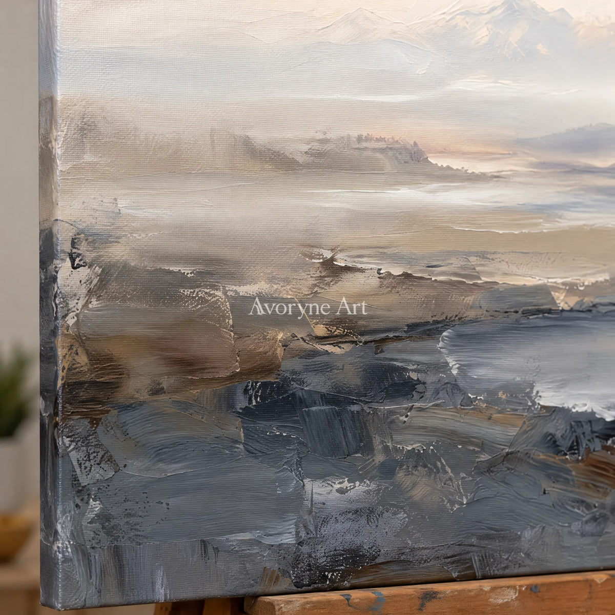 Close-up of the hand-painted texture of Winding Current waterside landscape wall art on an easel