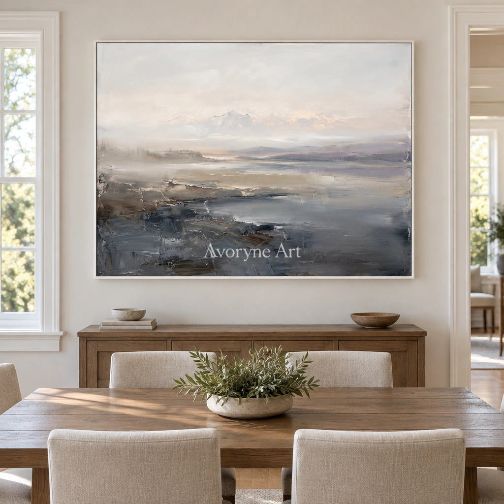 Winding Current waterside landscape wall art with a white frame in a dining room