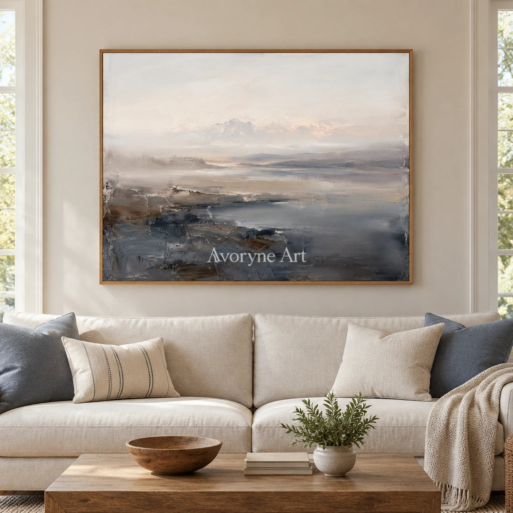 Winding Current waterside landscape wall art with a wood frame in a villa living space