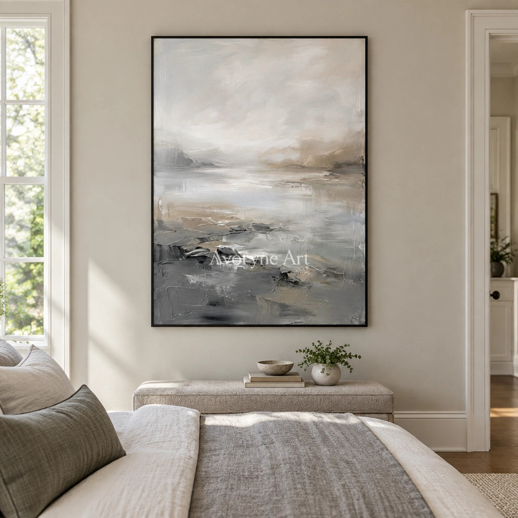 Winding Solace waterside landscape wall art with a black frame above a bed in a bedroom
