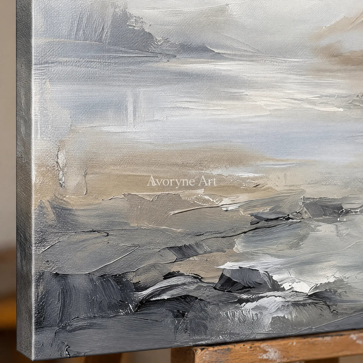 Close-up of the hand-painted texture of Winding Solace waterside landscape wall art on an easel