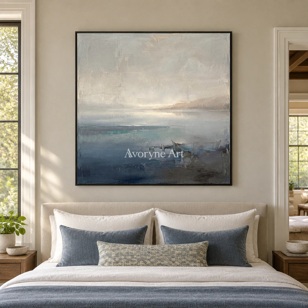 Winding Reverberation waterside landscape wall art with a black frame above a bed in a bedroom