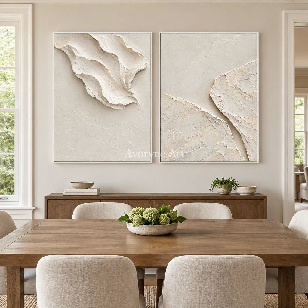Folded Reverie: White Abstract Diptych Wall Art — dining white