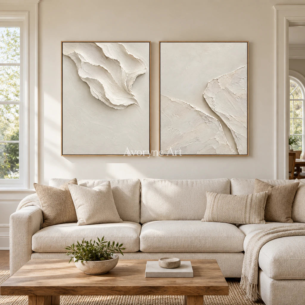 Folded Reverie: White Abstract Diptych Wall Art — villa wood
