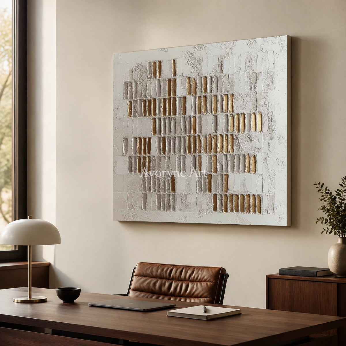 Gilded Sequence: White and Gold-Tone Textured Wall Art — office frameless