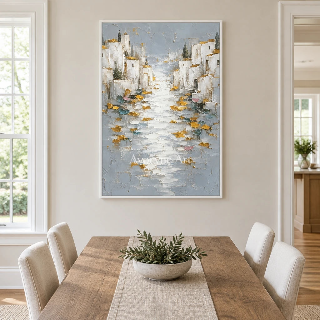 Sunlit Mooring: White Coastal Town Art — dining white