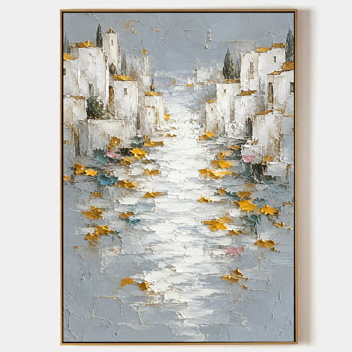 Sunlit Mooring: White Coastal Town Art — primary