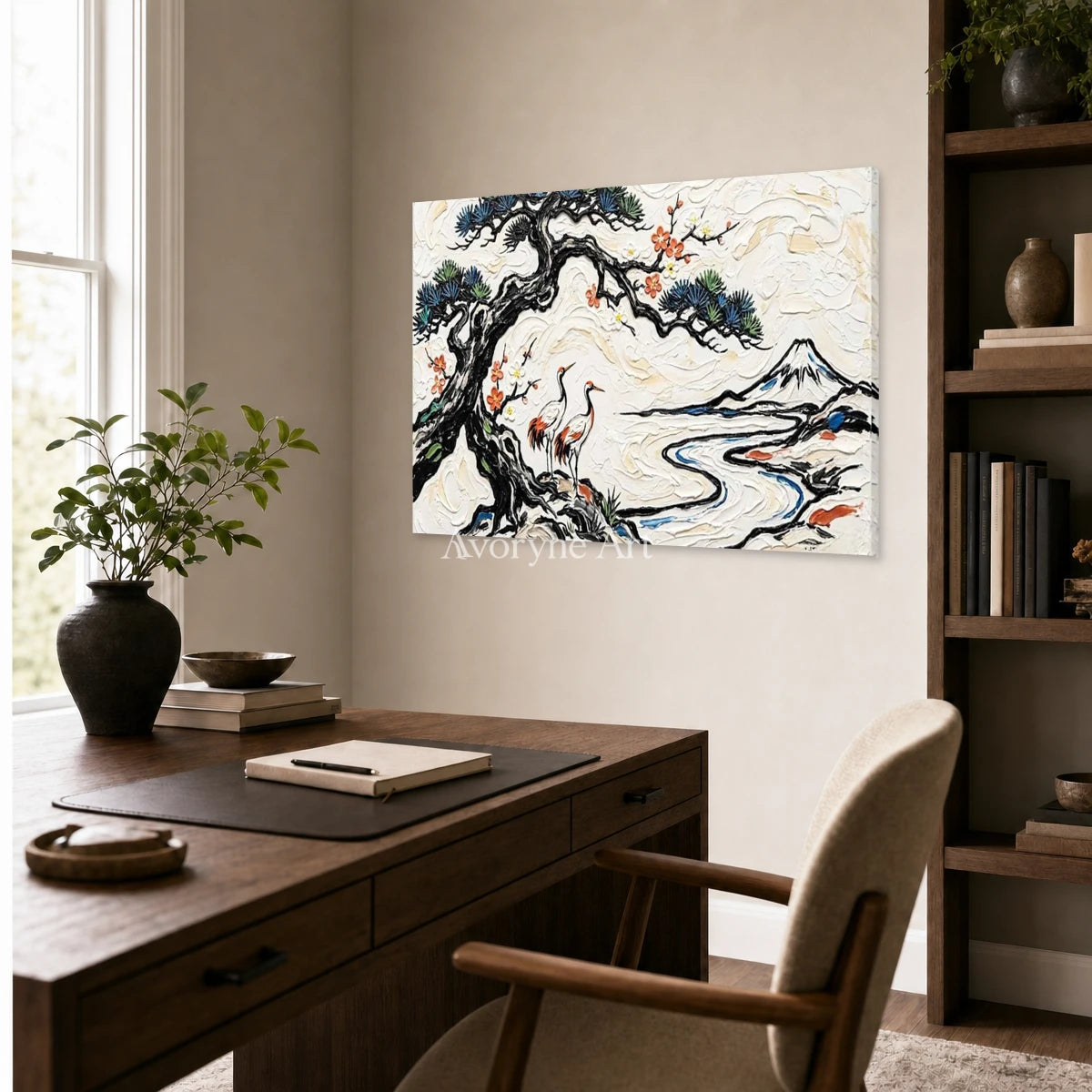 Pinewater Passage: White Crane and Mountain Landscape Wall Art — office frameless