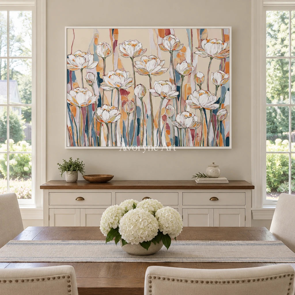 Ivory Tender Vista: White Floral Art — dining white