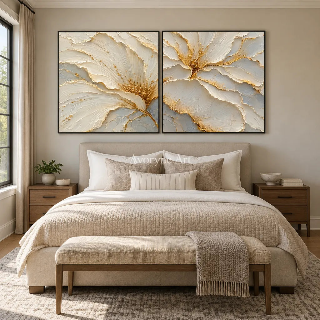 Gilded Bloom: White Floral Diptych Wall Art — bedroom black