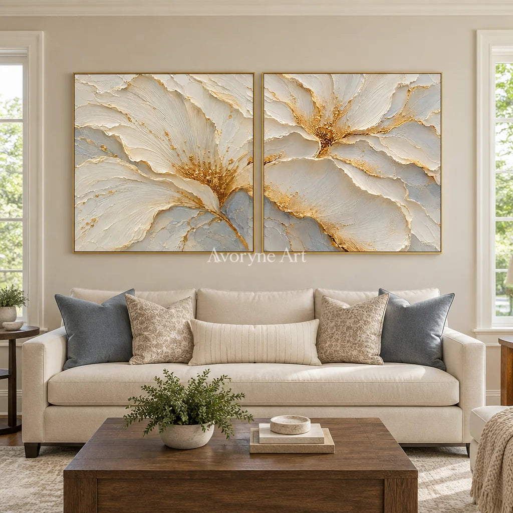 Gilded Bloom: White Floral Diptych Wall Art — living gold