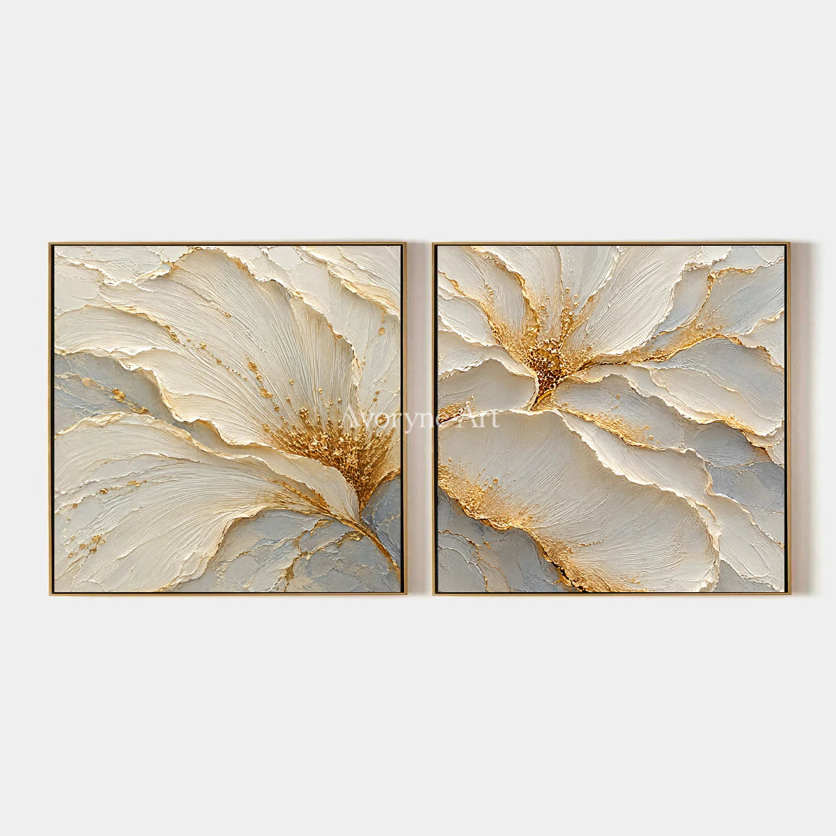 Gilded Bloom: White Floral Diptych Wall Art — primary