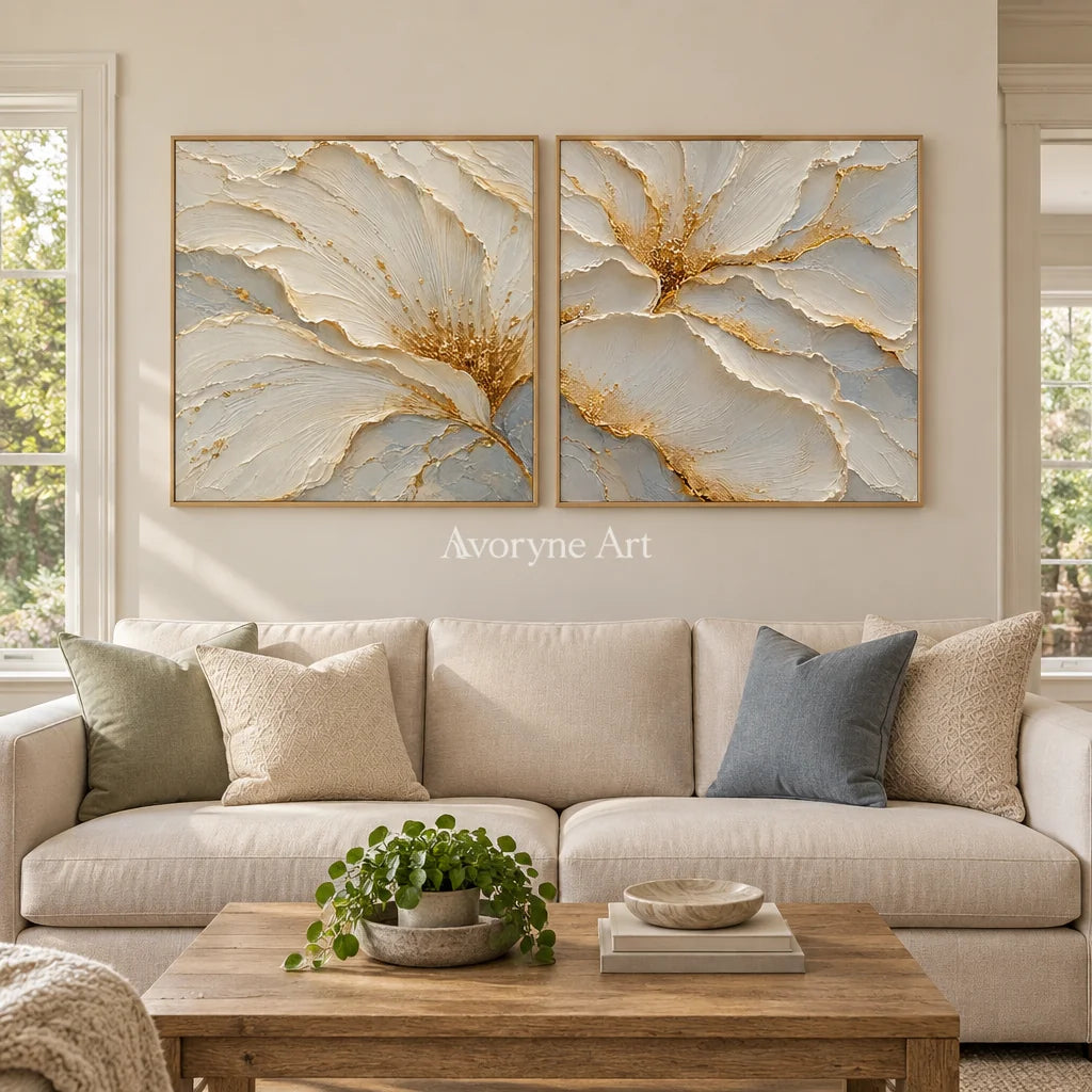 Gilded Bloom: White Floral Diptych Wall Art — villa wood