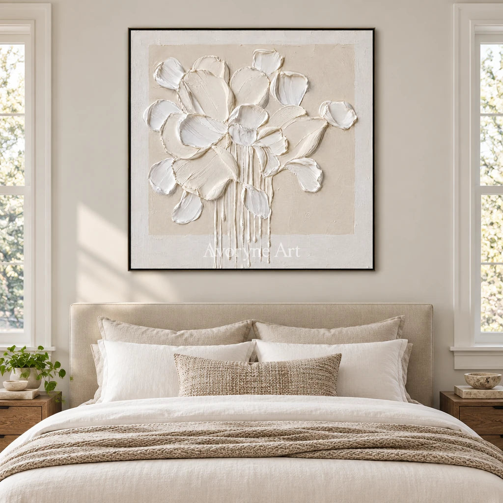Chalk Bouquet: White Floral Impasto Wall Art — bedroom black