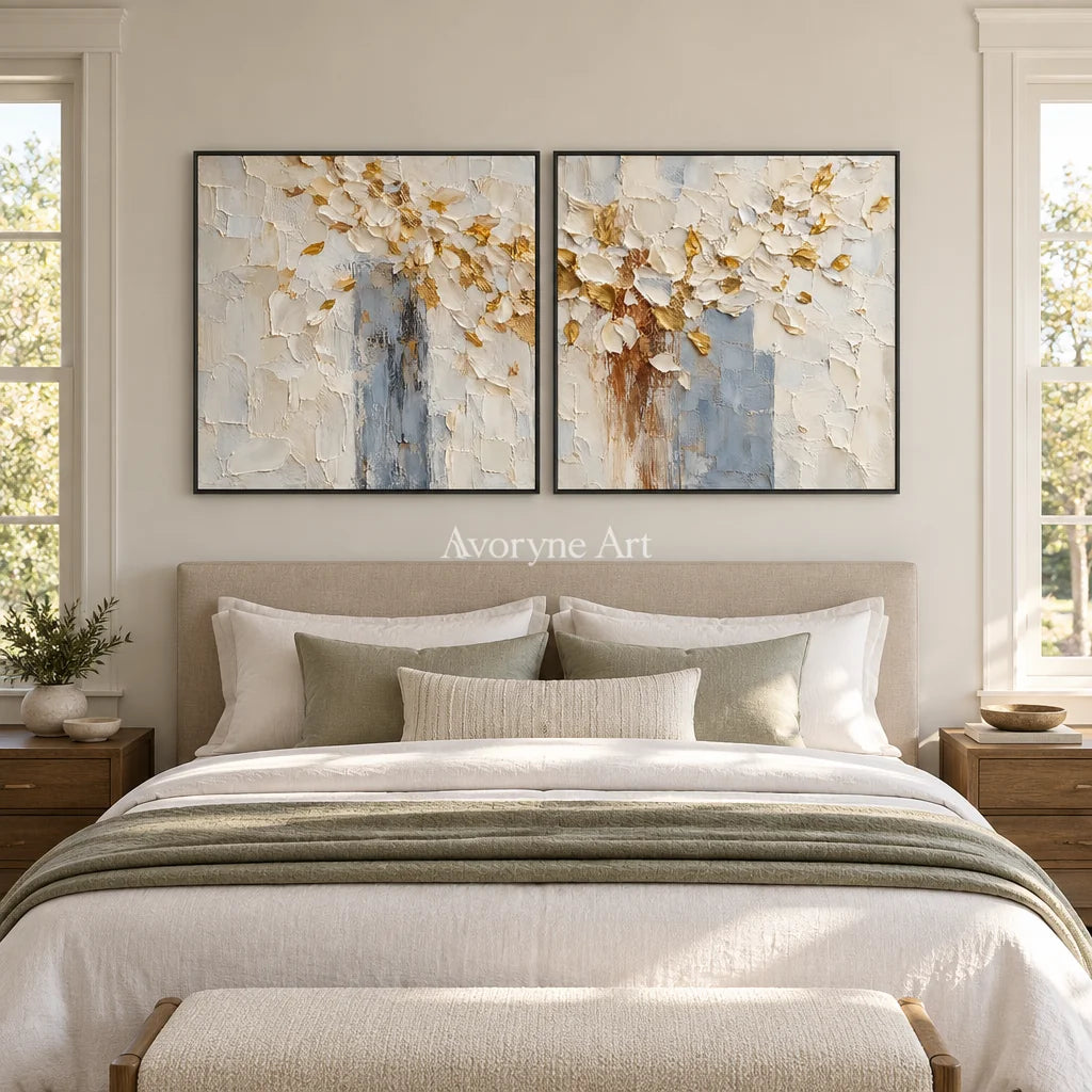 Gilded Petals: White Floral Texture Diptych — bedroom black
