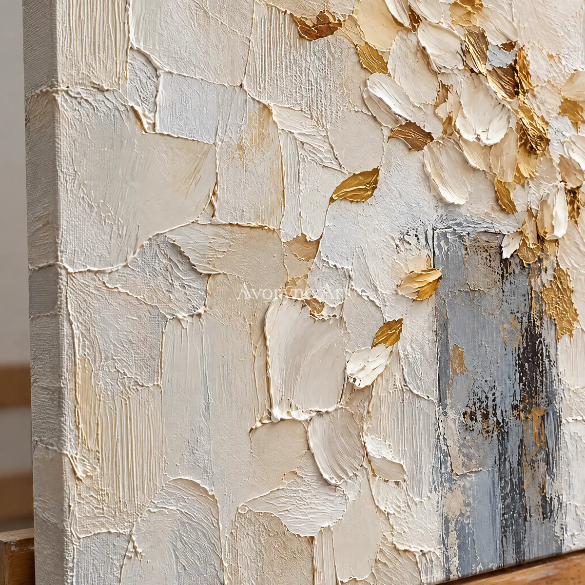 Gilded Petals: White Floral Texture Diptych — detail easel