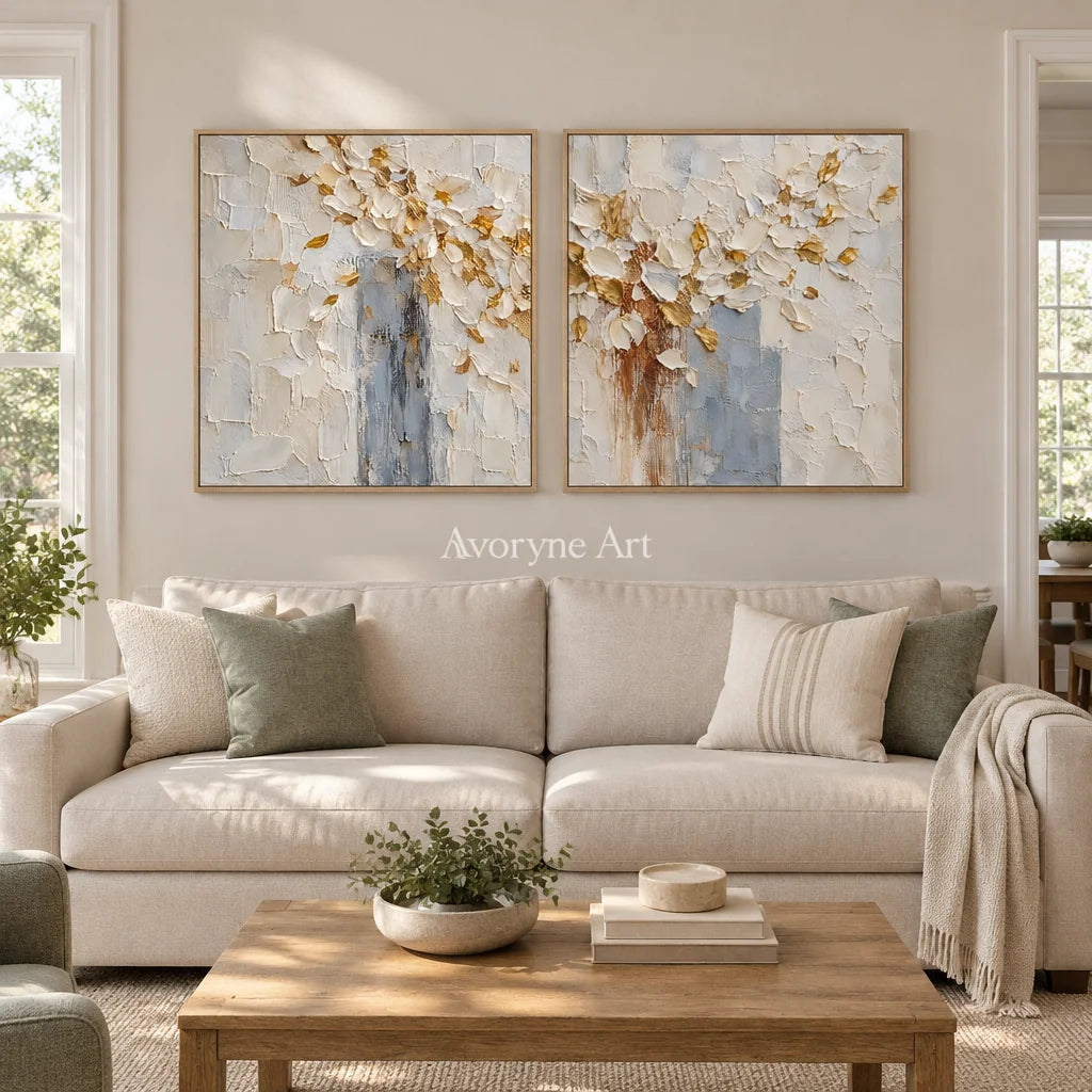 Gilded Petals: White Floral Texture Diptych — villa wood