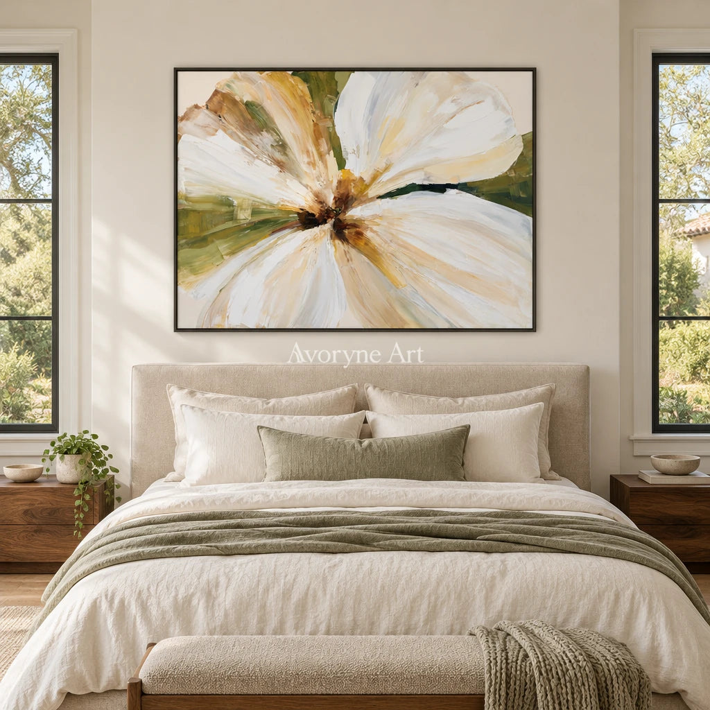 Ivory Winding Rhythm: White Flower Art — bedroom black