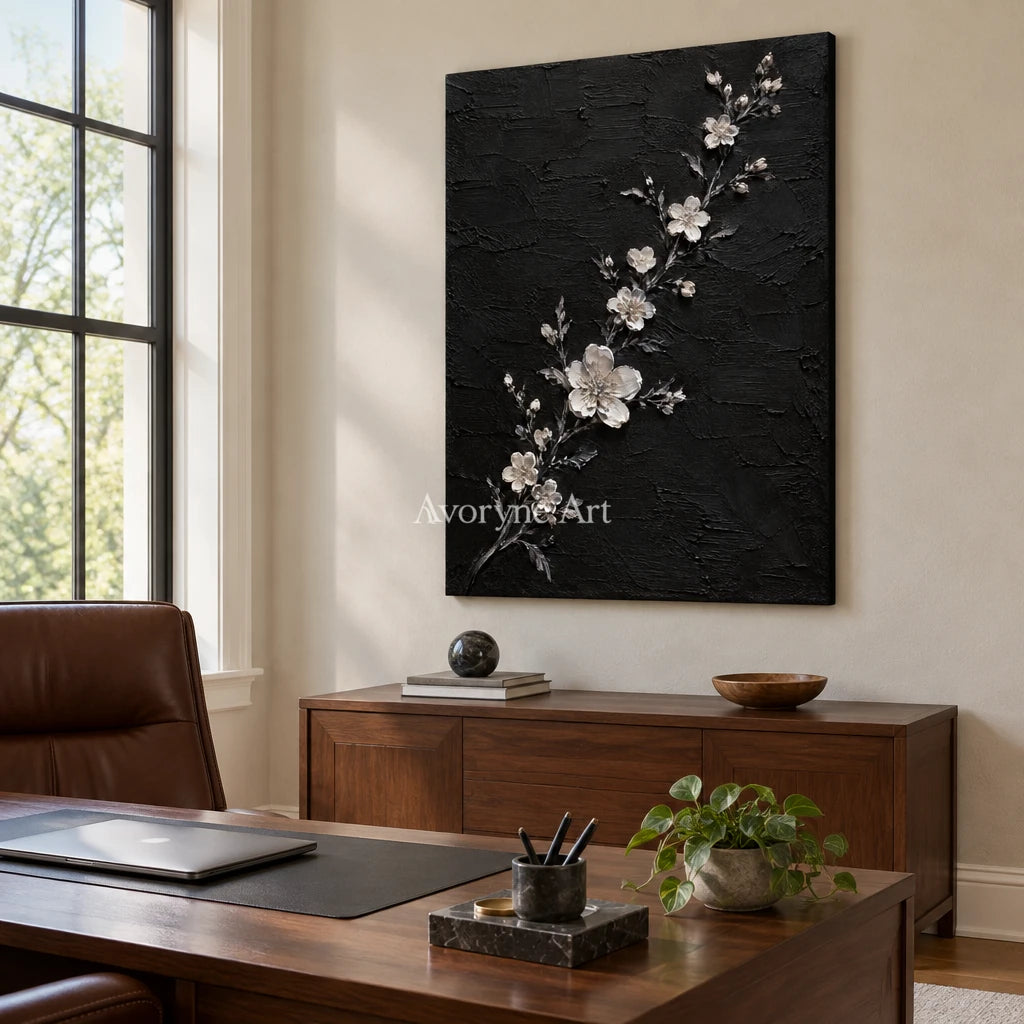 Blossoms at Dusk: White Flowers on Black Wall Art — office frameless