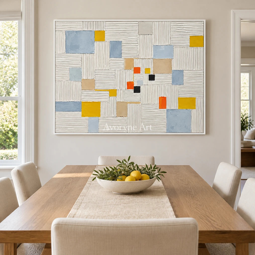 Grid of Sparks: White Geometric Texture Wall Art — dining white