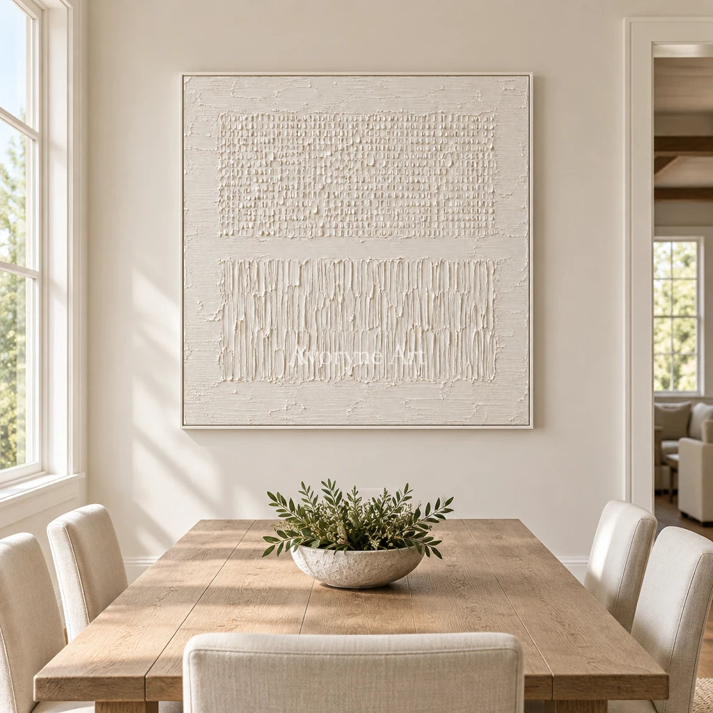 Pale Framework: White Grid Relief Wall Art — dining white
