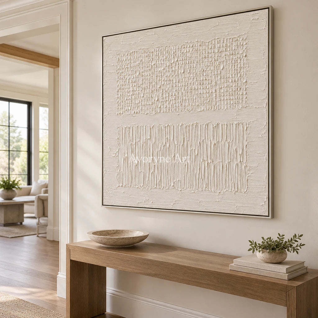 Pale Framework: White Grid Relief Wall Art — entry silver