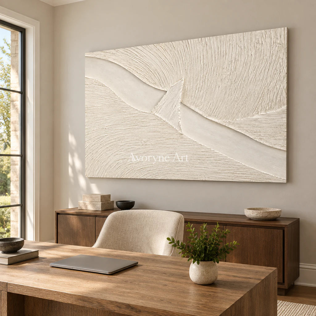 Ivory Crossing: White Grooved Abstract Wall Art — office frameless