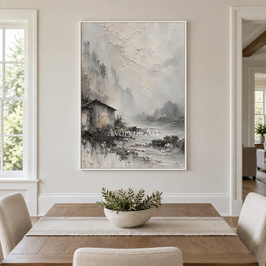 Mist Shelter: White Landscape Texture Art — dining white
