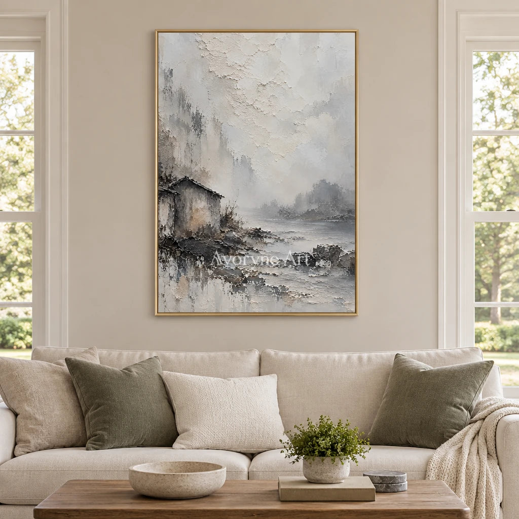 Mist Shelter: White Landscape Texture Art — living gold