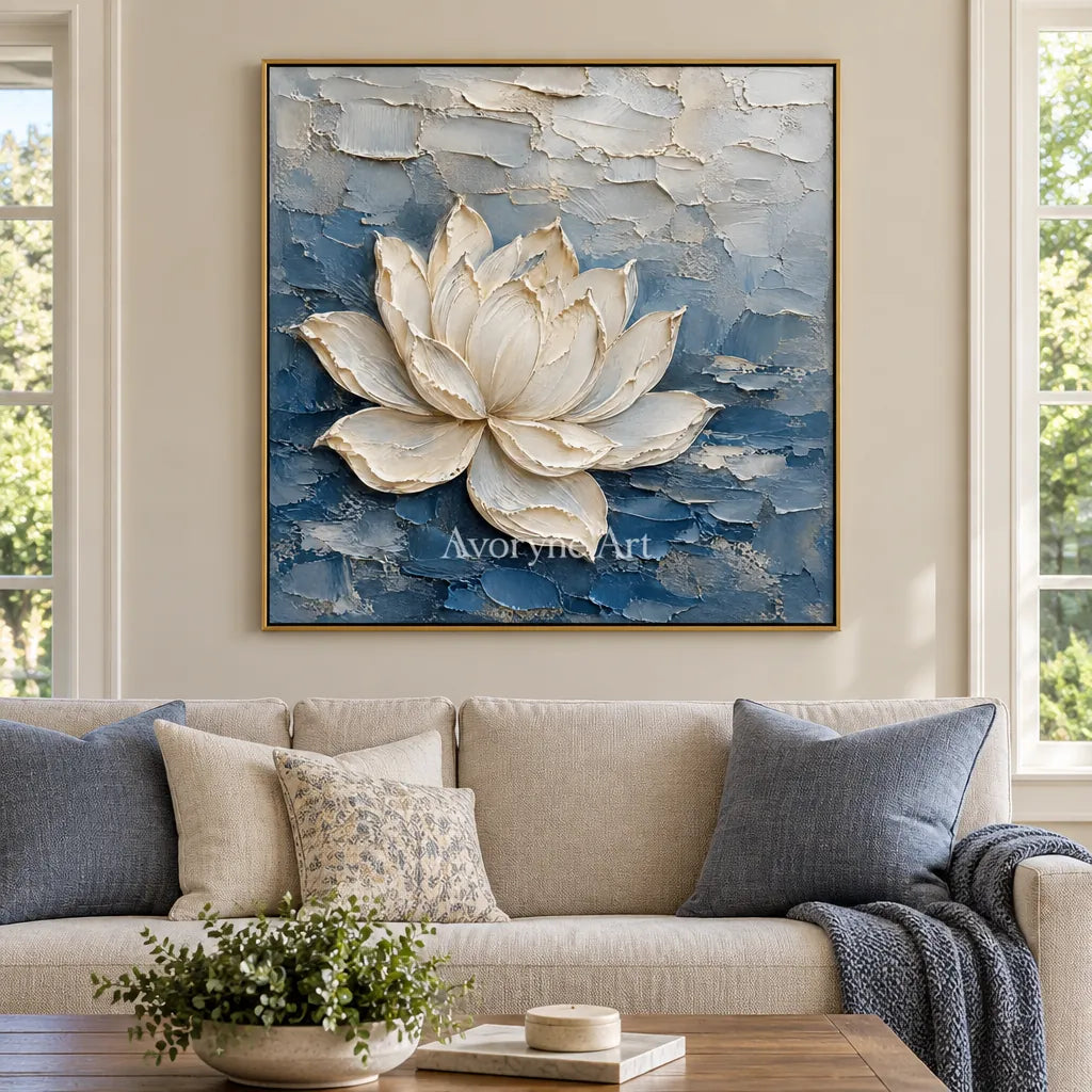 Lotus in Blue: White Lotus Texture Wall Art — living gold