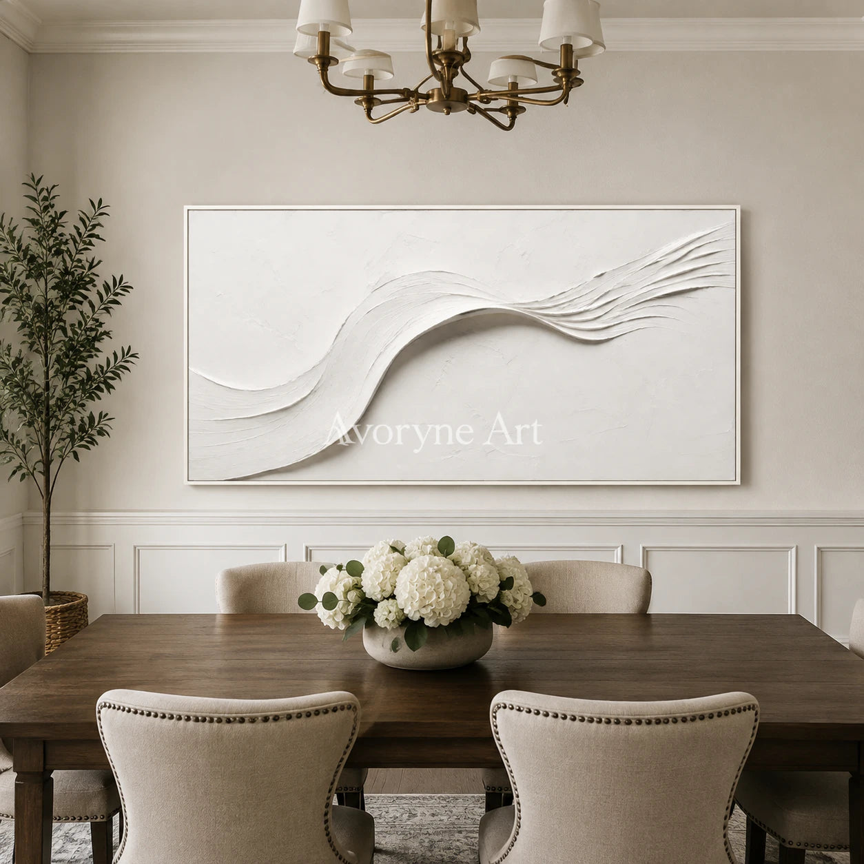 White Drift: White Minimalist Panoramic Texture Art - dining room white frame