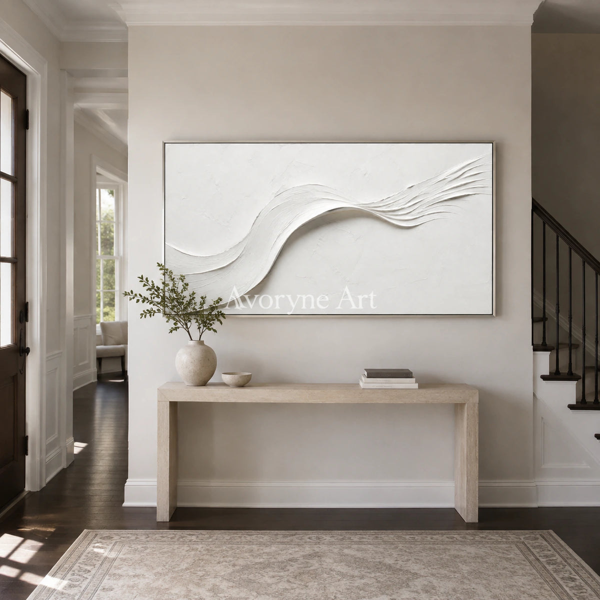 White Drift: White Minimalist Panoramic Texture Art - entryway silver frame