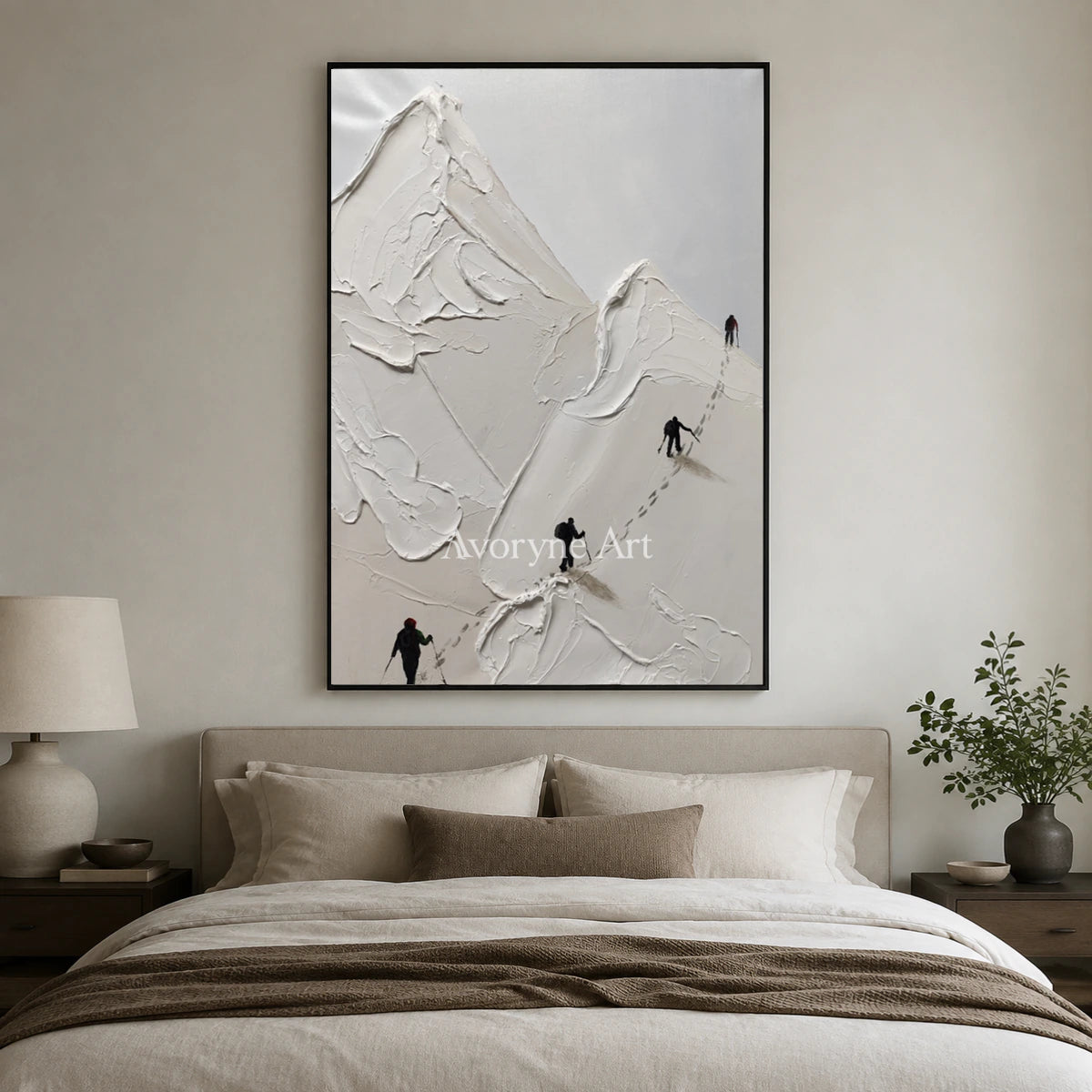 Ascent in Silence: White Mountain Climber Wall Art — bedroom black