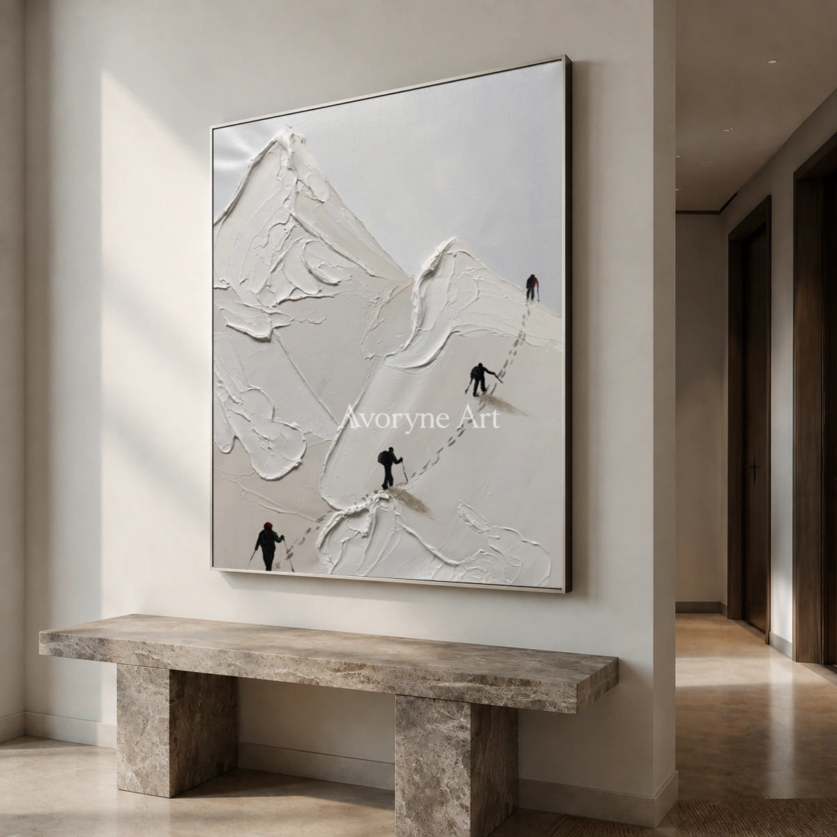 Ascent in Silence: White Mountain Climber Wall Art — entry silver