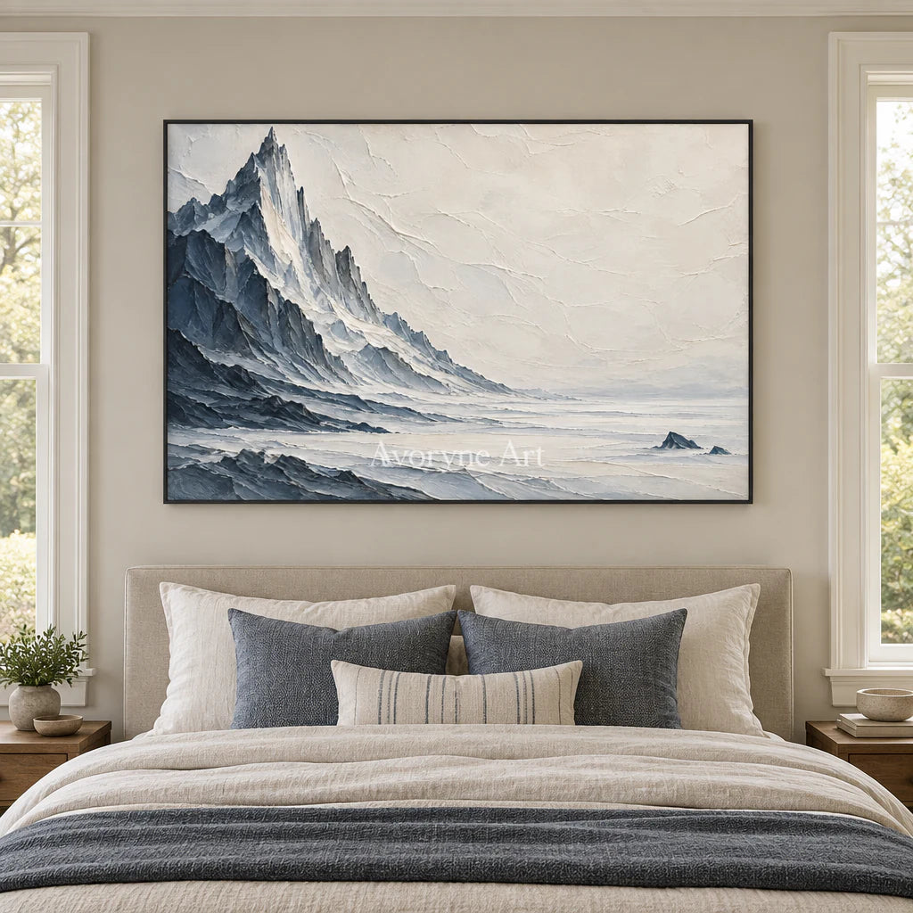 Glacial Solitude: White Mountain Relief Wall Art — bedroom black