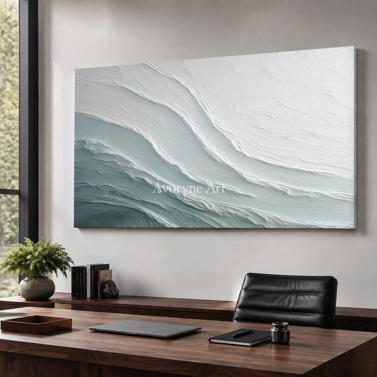Seafoam Fold: White Panoramic Sculptural Wave Wall Art — office frameless