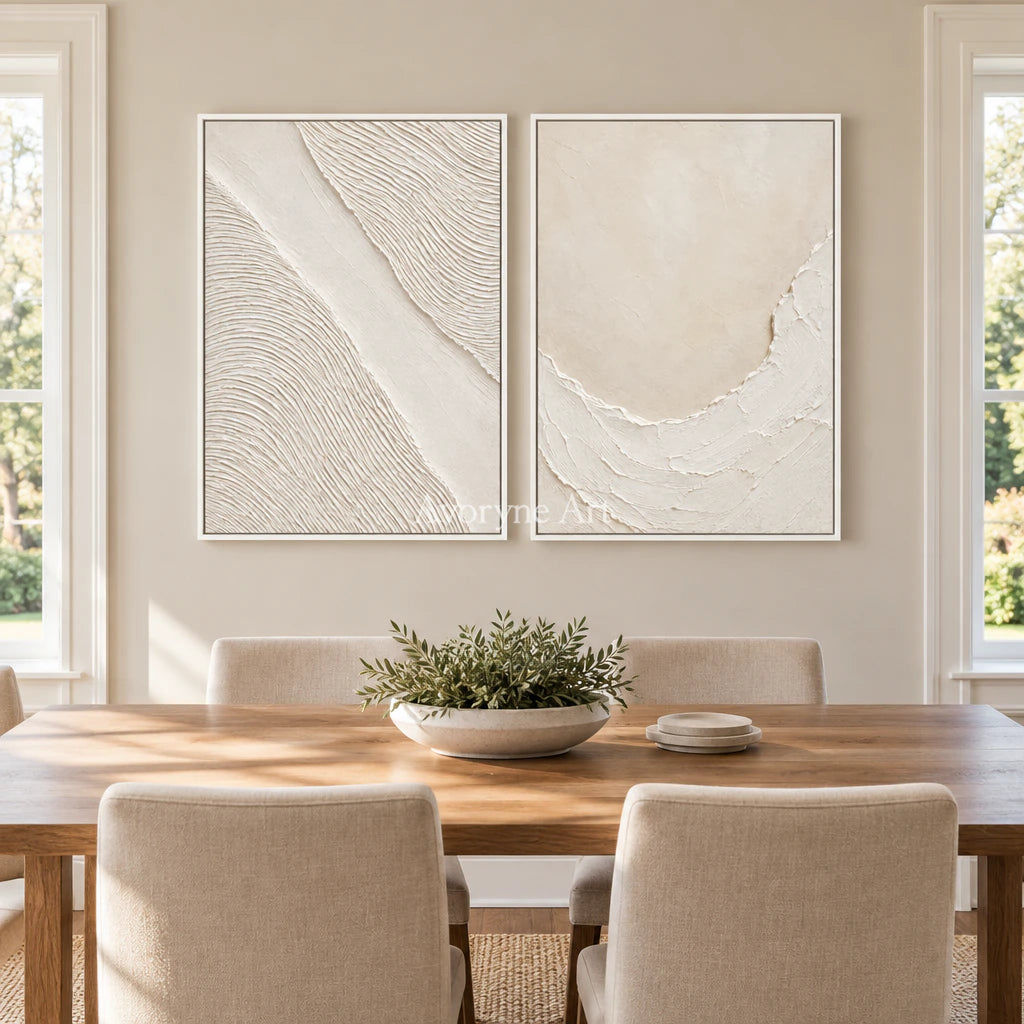 Ivory Driftways: White Textured Diptych Wall Art — dining white