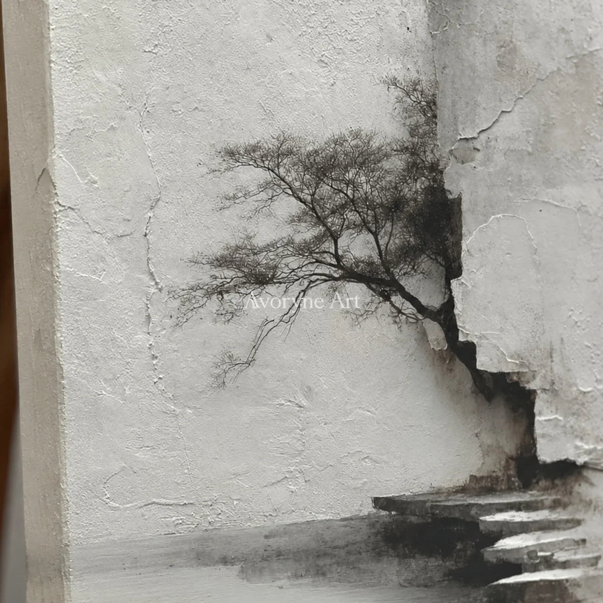 Stillwater Steps: White Textured Landscape Wall Art — detail easel