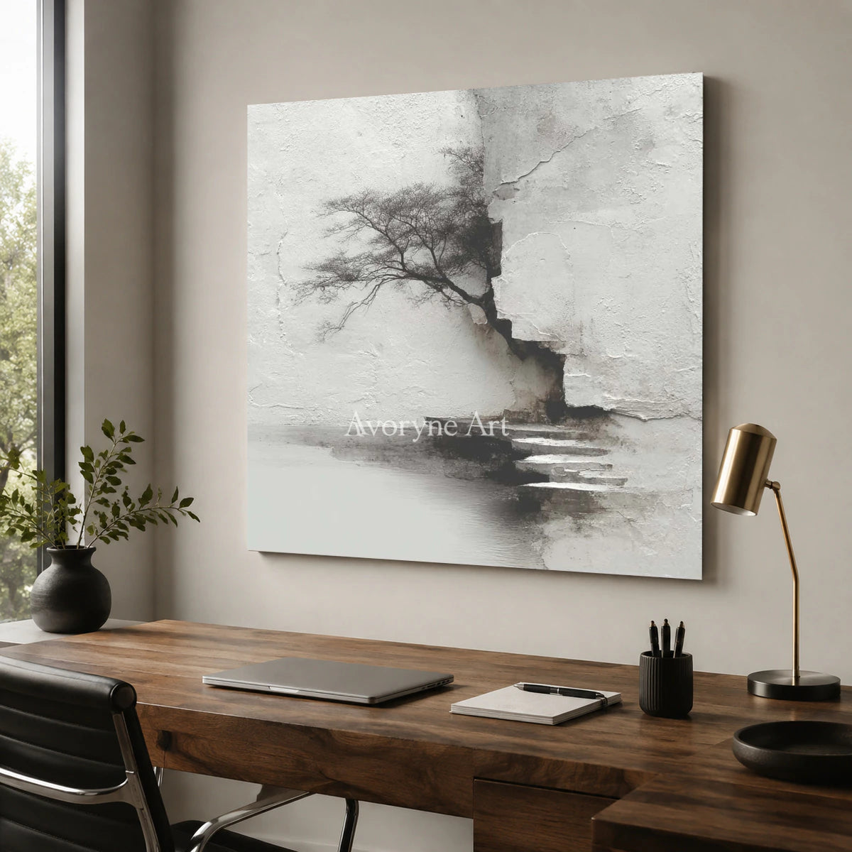 Stillwater Steps: White Textured Landscape Wall Art — office frameless
