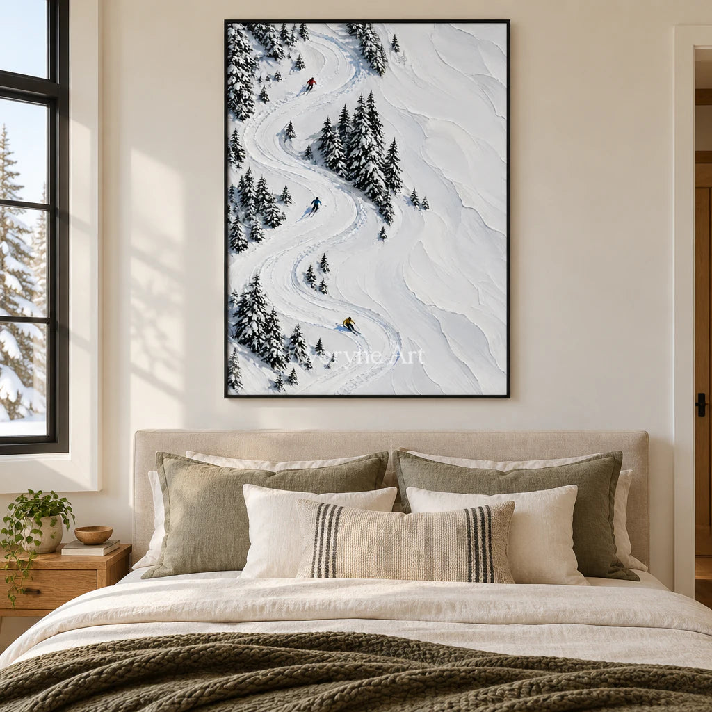 Snowbound Turns: White Winter Landscape Wall Art — bedroom black