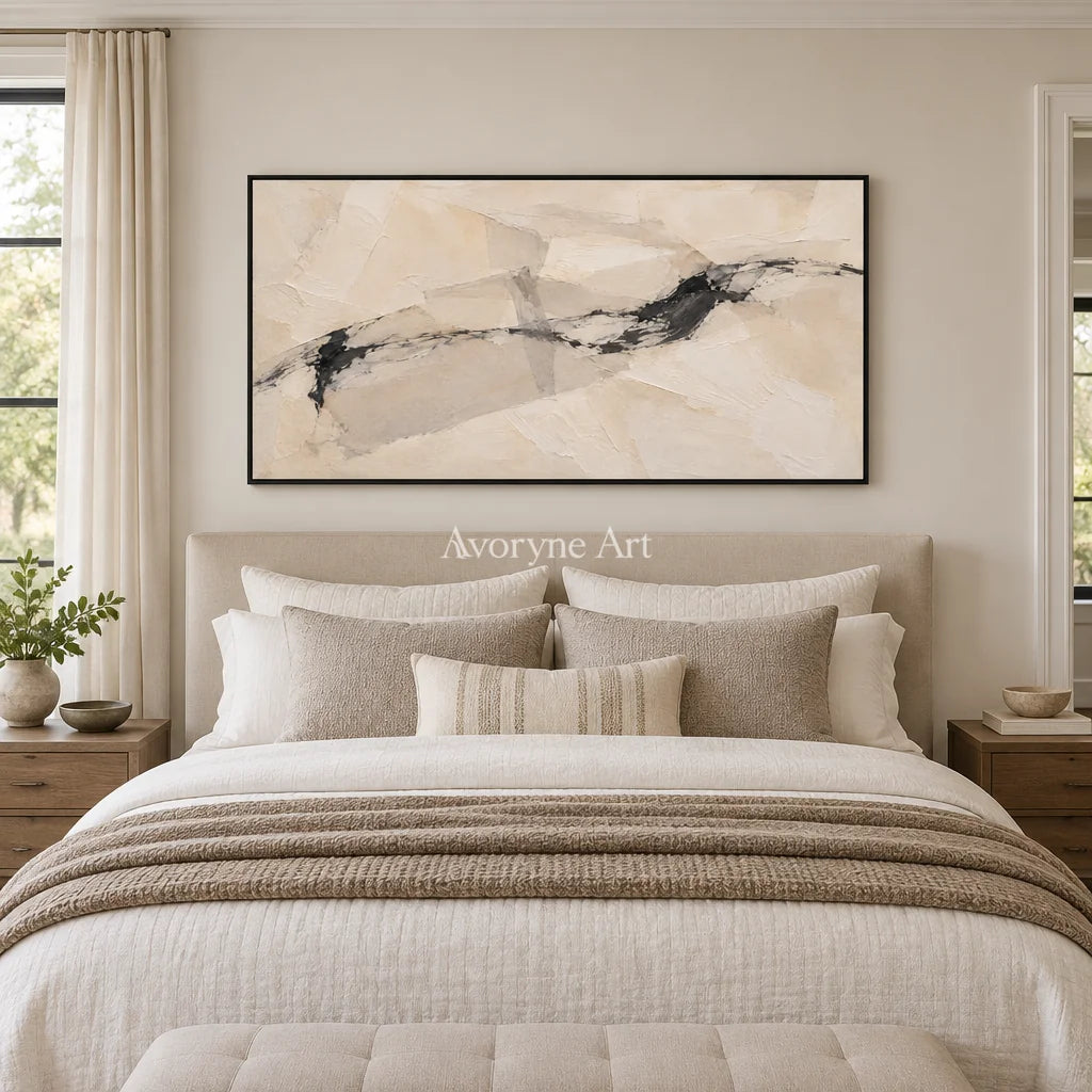 Pale Traverse: Wide Neutral Abstract Wall Art — bedroom black