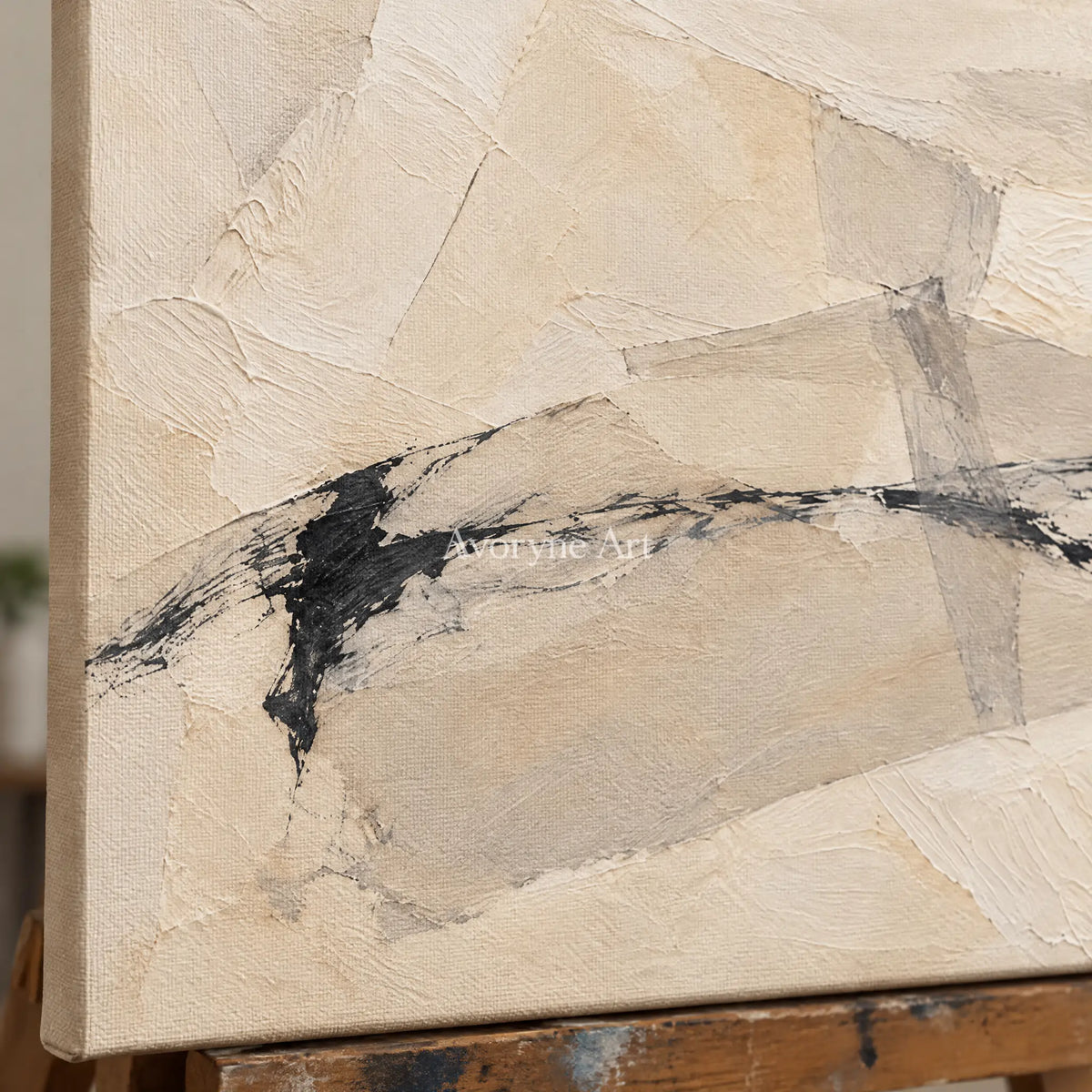 Pale Traverse: Wide Neutral Abstract Wall Art — detail easel