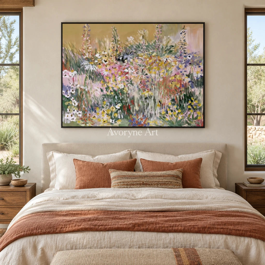 Ivory Quiet Cadence: Wildflower Garden Art — bedroom black