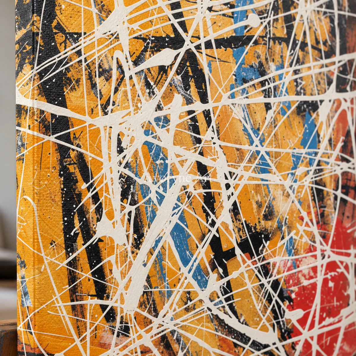 Saffron Velocity: Yellow and White Drip Abstract Wall Art — detail easel