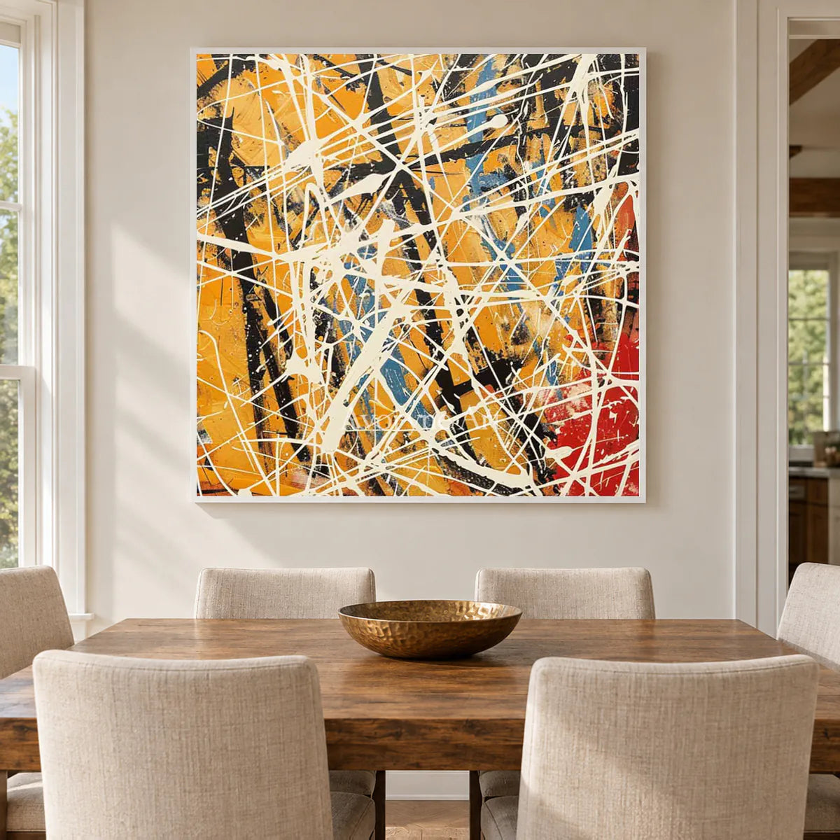 Saffron Velocity: Yellow and White Drip Abstract Wall Art — dining white