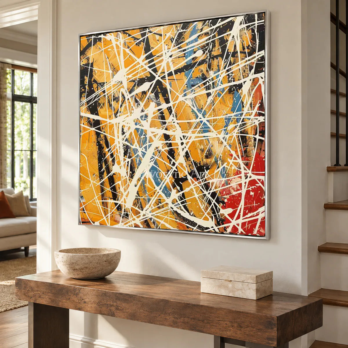 Saffron Velocity: Yellow and White Drip Abstract Wall Art — entry silver